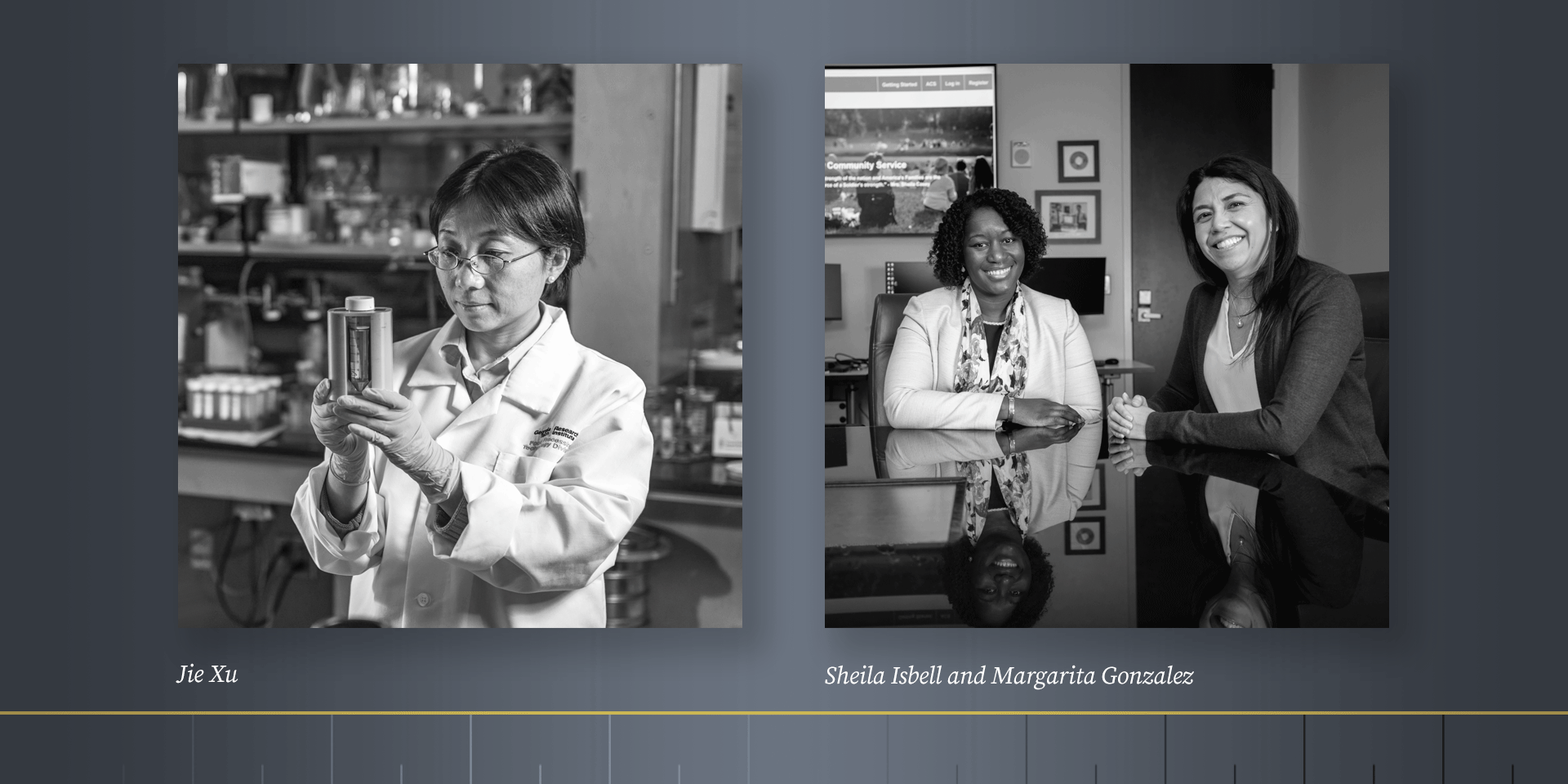 Two black and white photos. Photo on left shows researcher in lab holding up device. Photo on right shows two women seated at a conference room table.