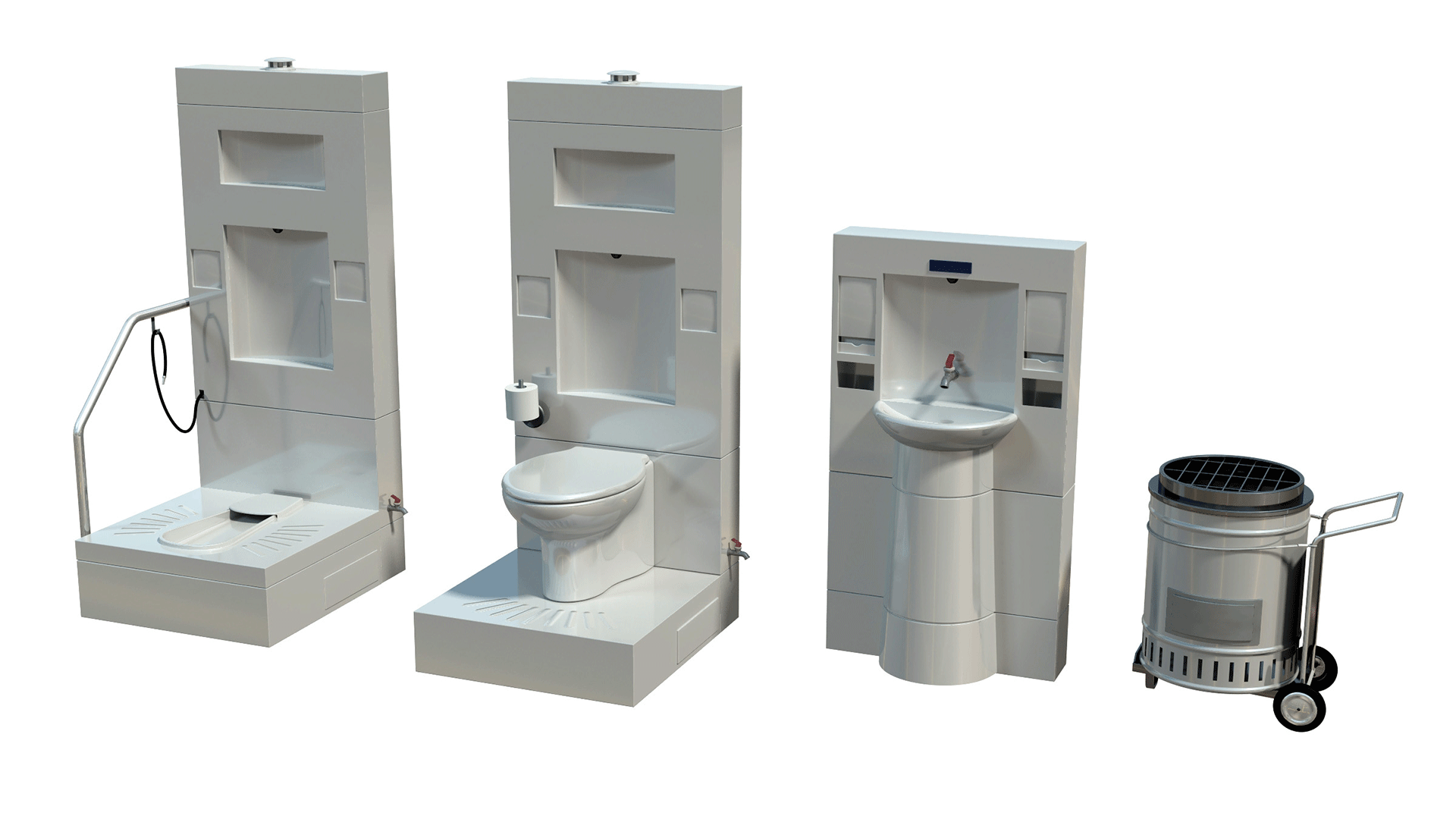 image: computer renderings of 2 toilets, 1 sink, and a burner