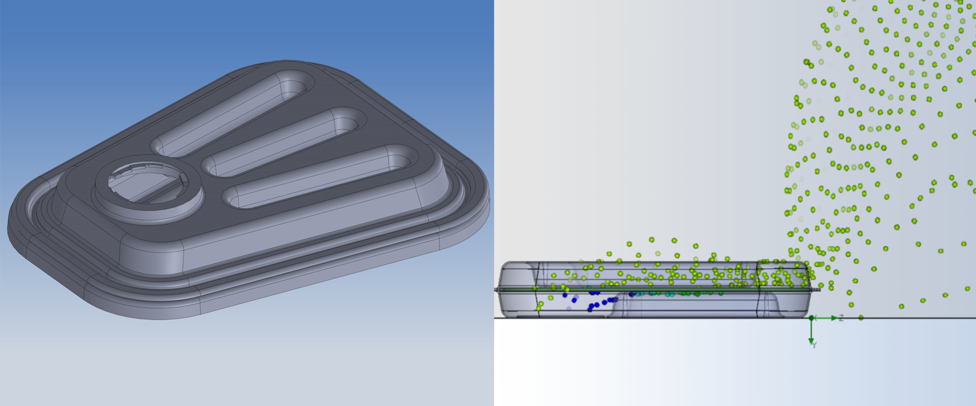 Two photos: Left: A proposed design for the N95 cartridge for the 3M 600 series mask. Right: Flow analysis of the N95 cartridge.