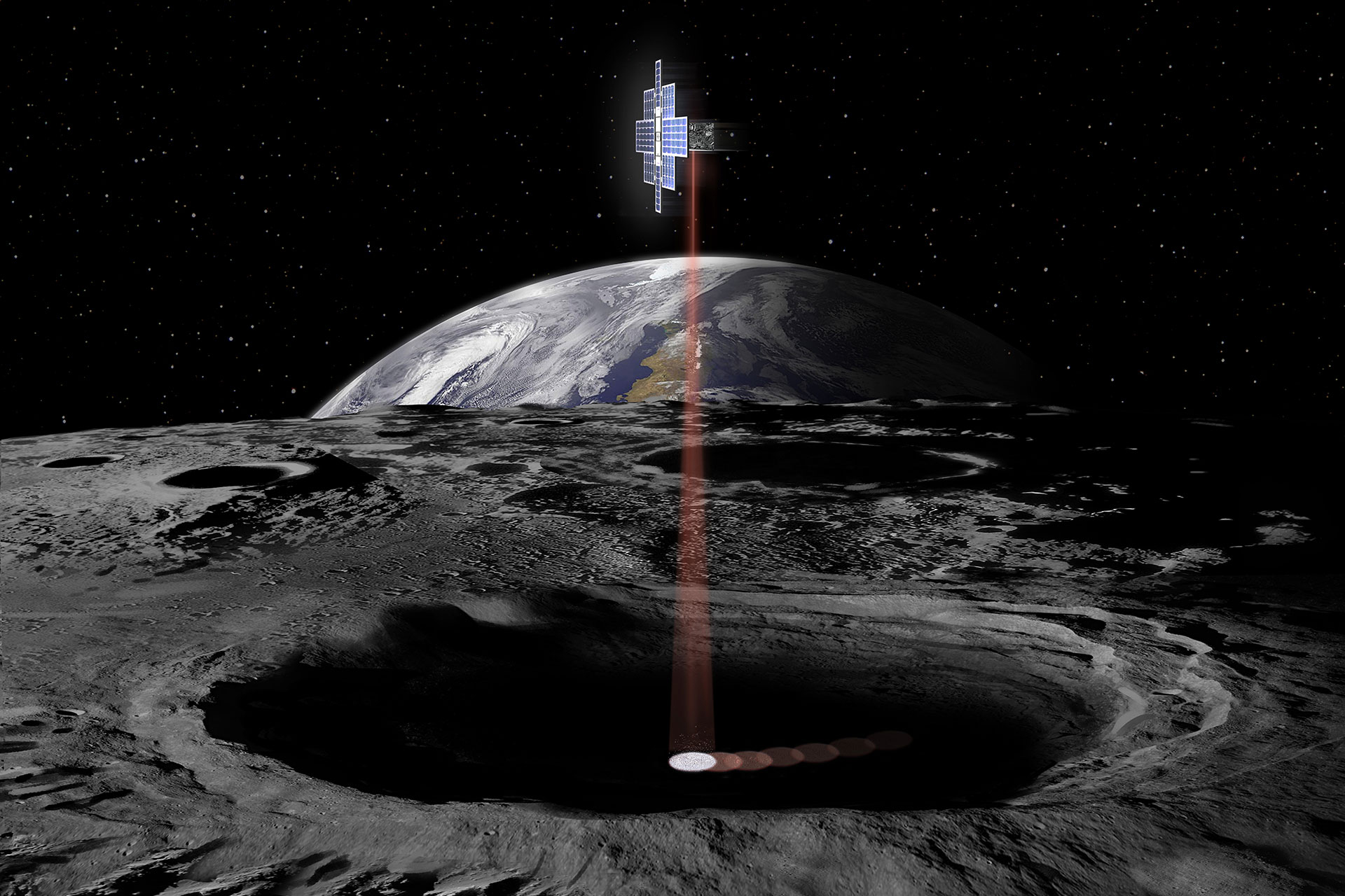 Small satellite orbiting moon scanning for water, with earth rise in background.