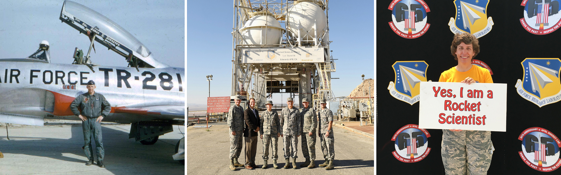 Three images: Left is Anne Clark's father in fighter pilot garb standing in front of his aircraft. Middle is a group of men and Anne Clark standing on military base, all in military garb. Right is Anne Clark standing in front of a banner with military seals, holding a sign that says "Yes, I am a rocket scientist".  