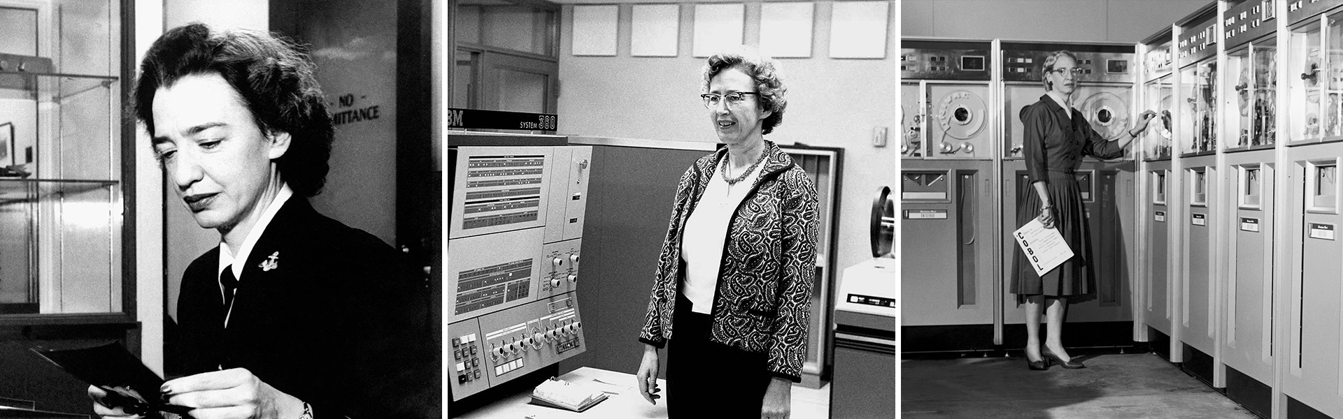 Three vintage black and white photos of Grace Hopper. Left, a young Hopper in military uniform. Middle, a younger Hopper stands in front of an IBM System 360 device. Right, an older Hopper stands in front of large computer devices the size of refrigerators with tape spools.