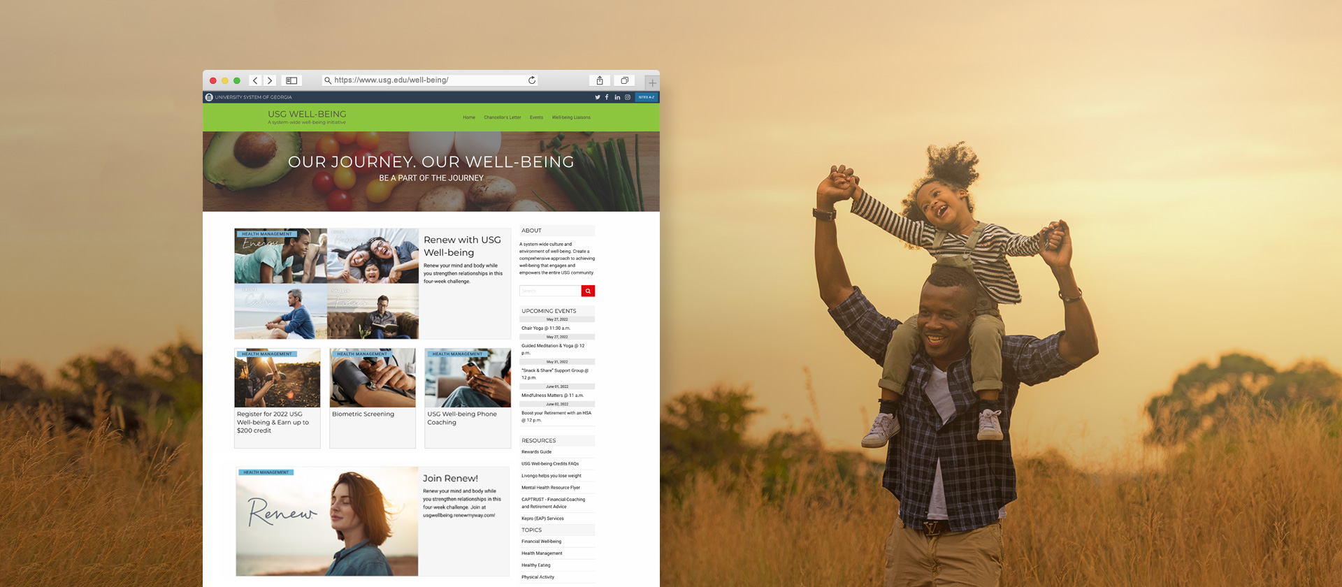 Photo montage of African-American dad holding daughter on shoulders in a golden field, combined with frame of USG wellness website.