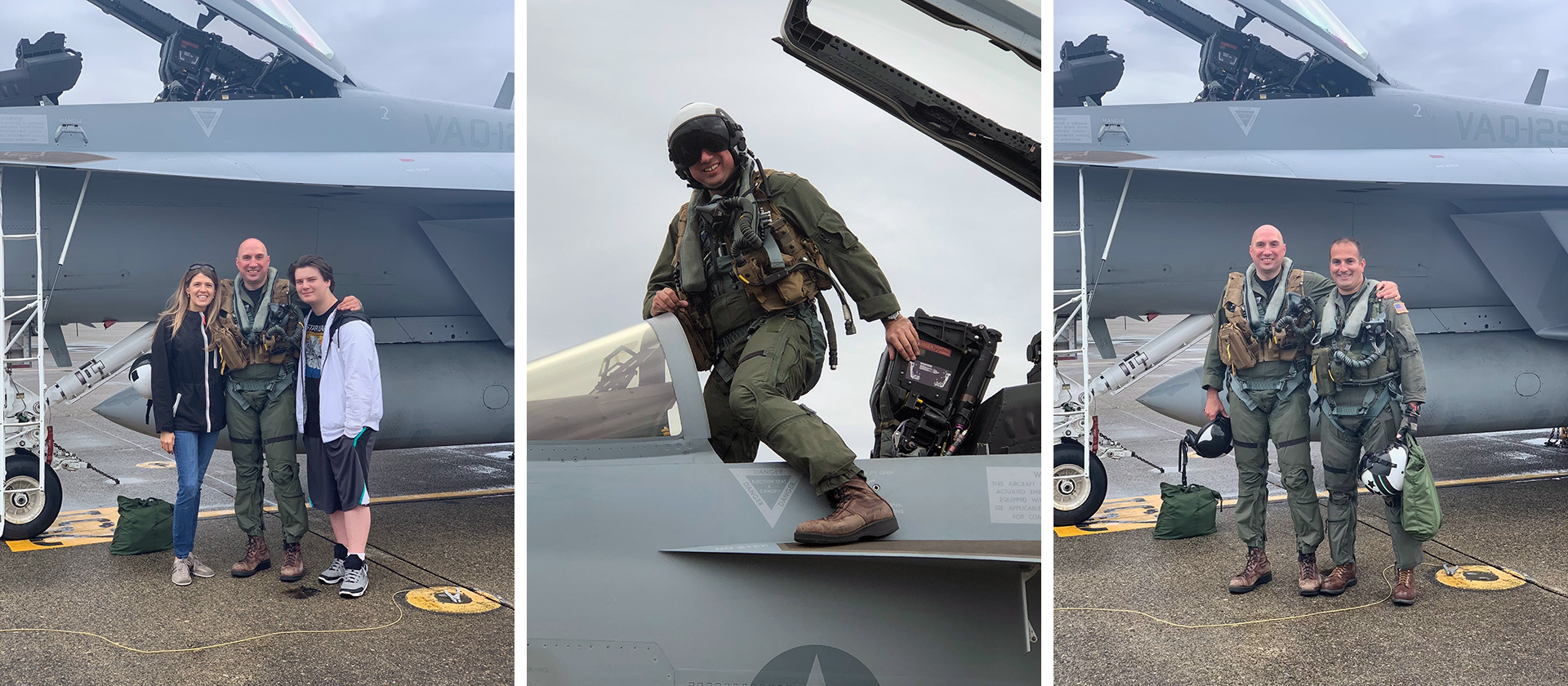 Three photos of David Picinich with family and colleague. All photos are outdoors, taken in front of an EA-18G Growler.