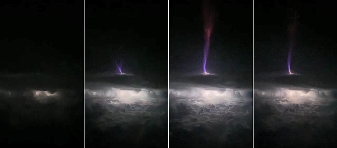 Four panel sequence of lightning strike above clouds.