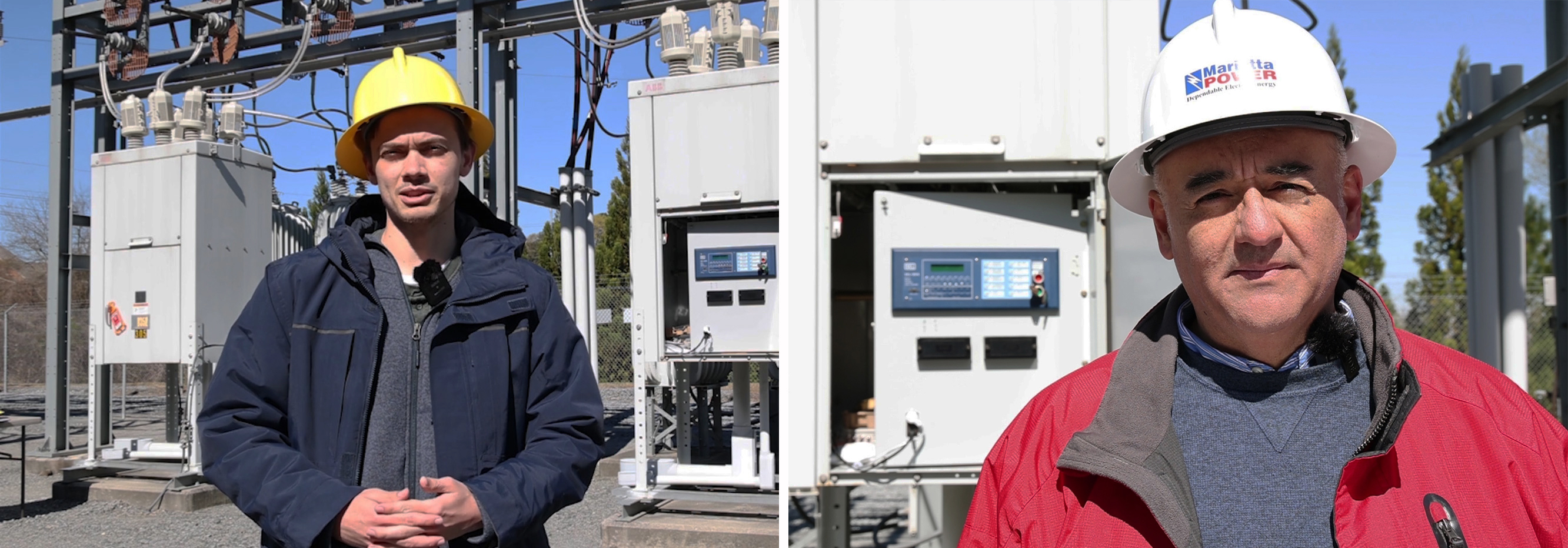 Two side by side photos of men in hard hats in front of electrical equipment.