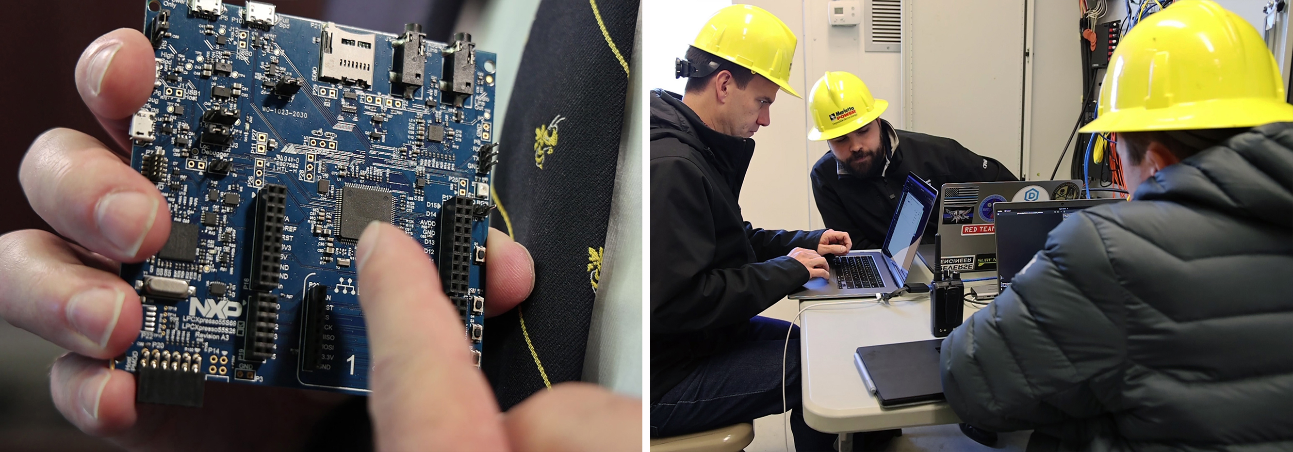 Two side by side photos. One shows circuit board held in a man's hand. The other shows a group of three men wearing yellow hard hats sitting at a table looking at their laptop computers.