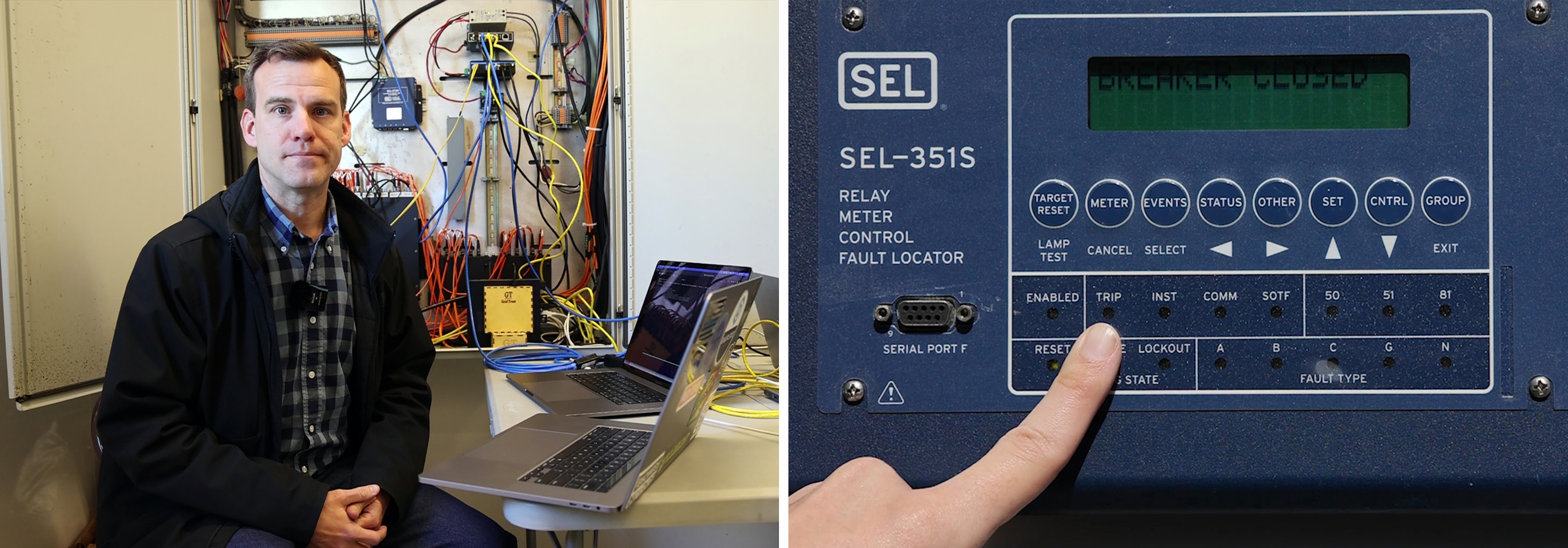 Two side by side photos. One shows research scientist sitting in front of equipment, the other shows a finger pressing a button on a small control panel.