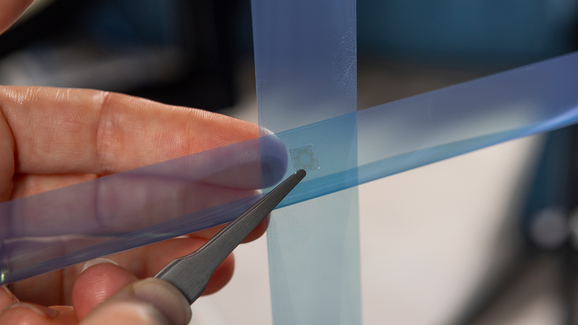 Researcher's hand supports suspended blue strips of film that are crossed, the intersection of the strips contains tiny electronic square device.