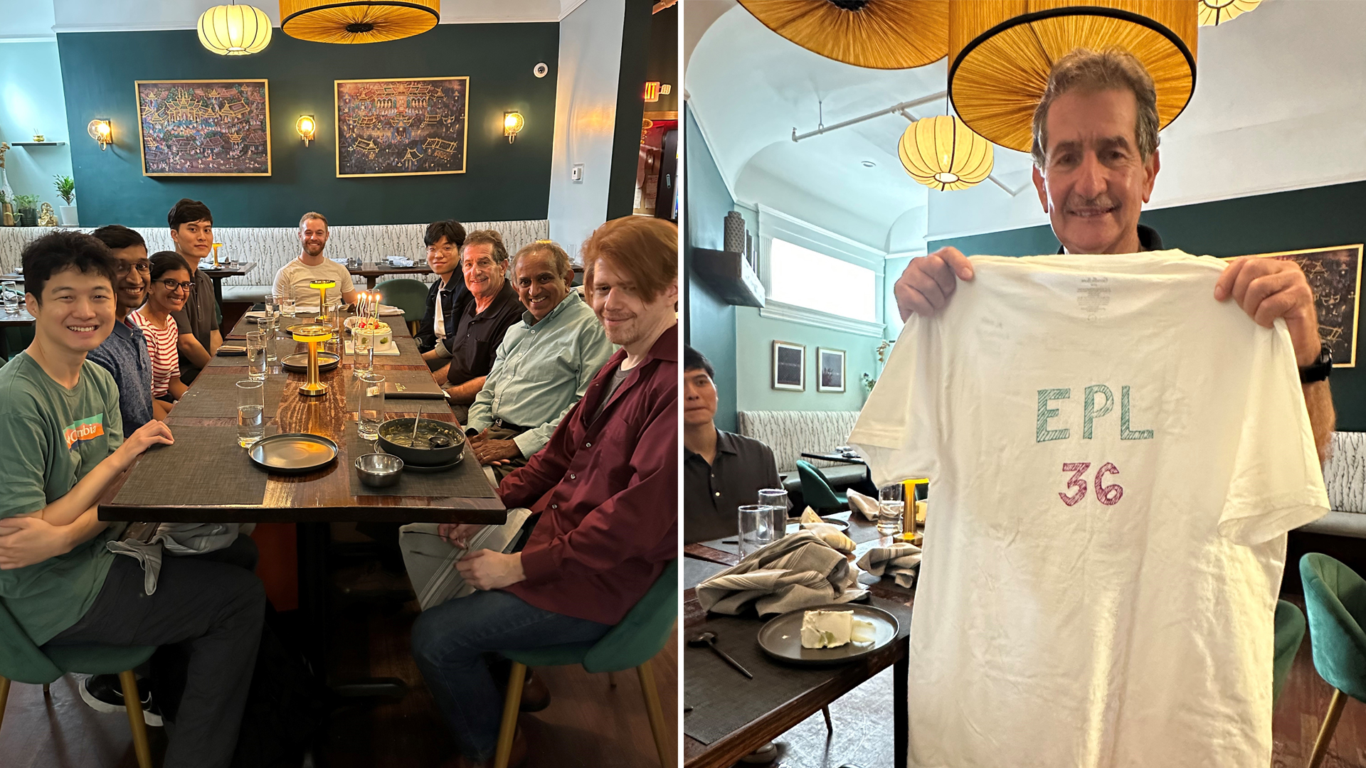 Left photo is of group of men sitting around a large table in a restaurant. Right photo is Alan holding up a t-shirt that says "EPL 36" 