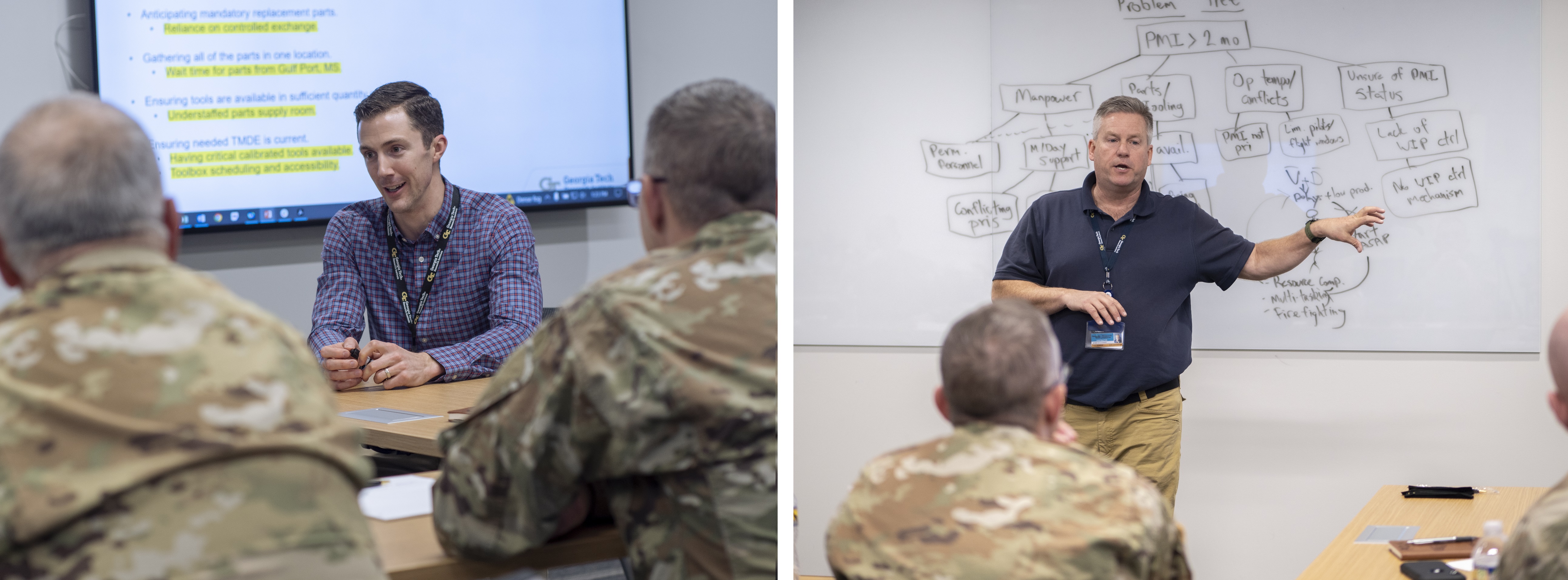 GTRI employees Kyle Blond (left) and Maj. Jerry Garner (right) lead discussion with members of the Georgia Army National Guard. (Credit: Christopher Moore)