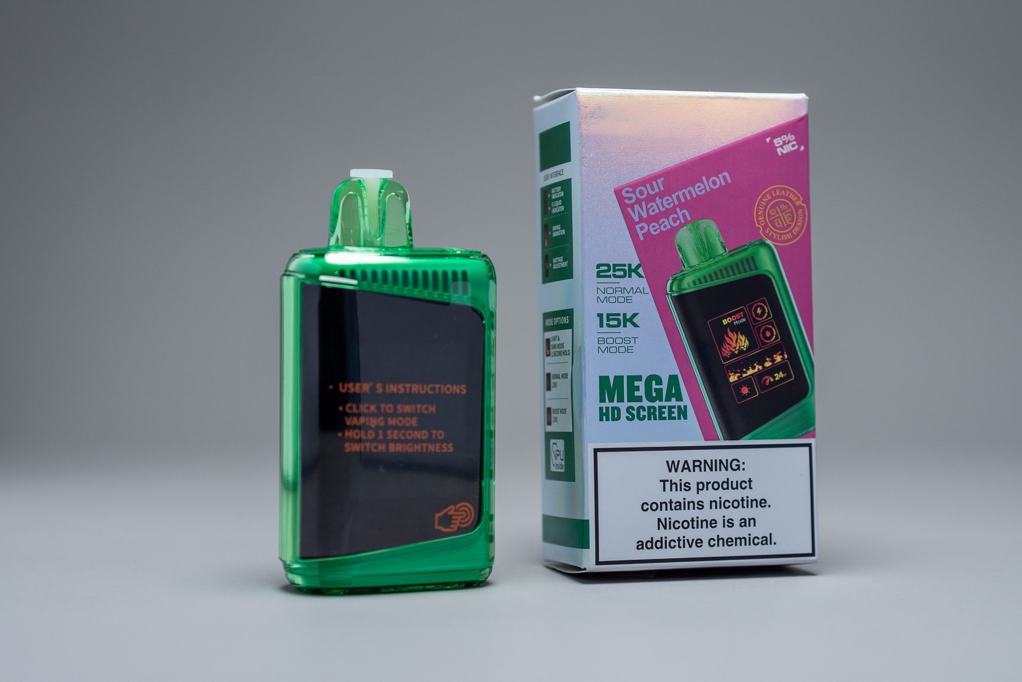 Image shows an example of an e-cigarette device containing a screen.