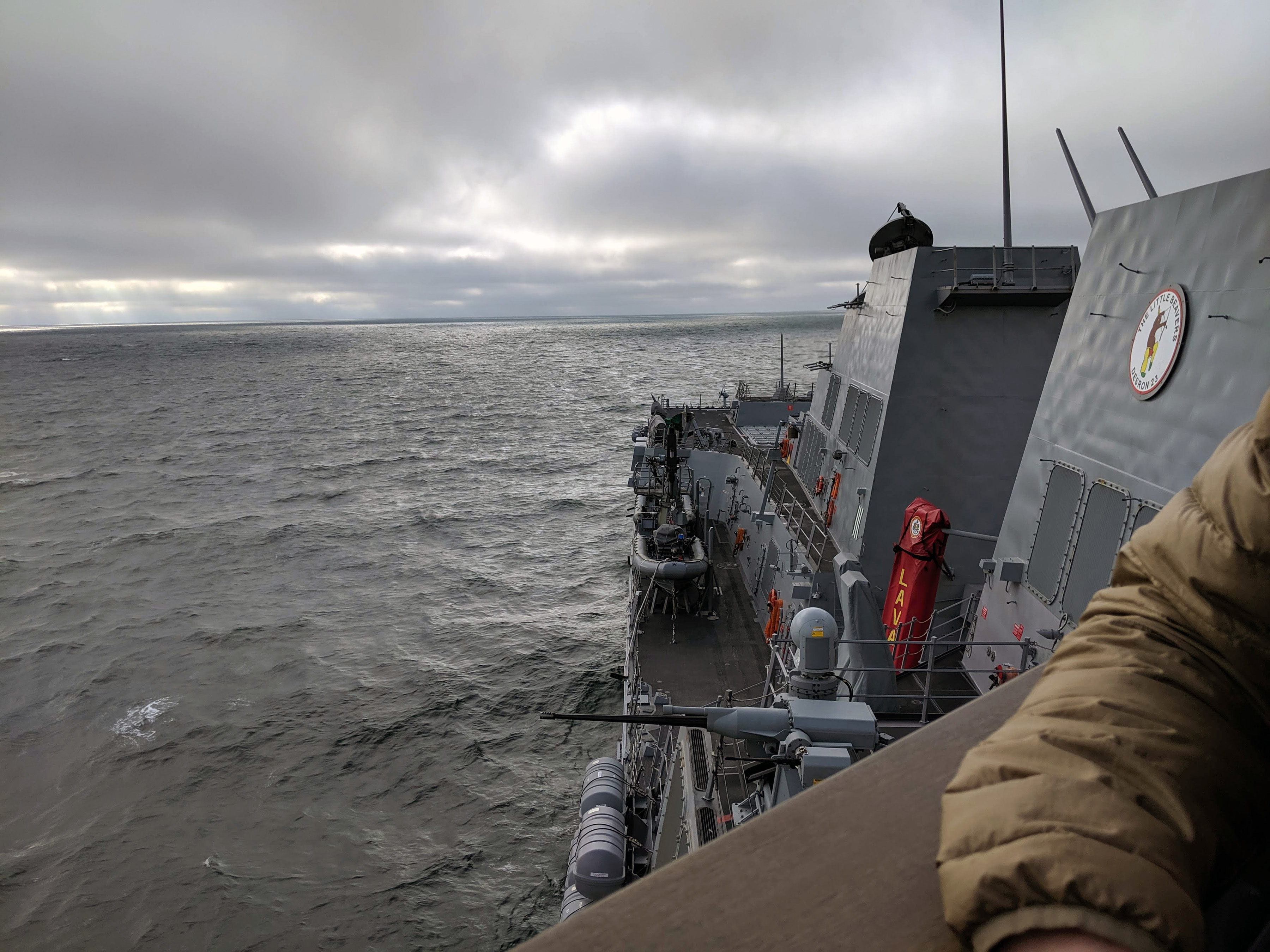 View of sea and sky from Navy guided-missile destroyer