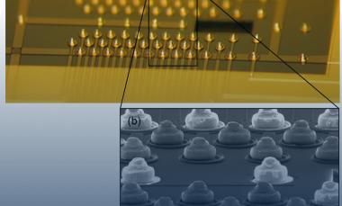 Photograph and SEM images of the gold studs attached to the interposer—these form the "ball bonds" used to connect the trap and interposer chips. (Credit: J. Amini, GTRI and D. Youngner, Honeywell)