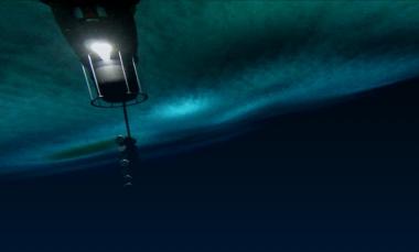 The view under the Ross Ice Shelf, where water meets sea ice, captured by a GoPro camera attached to Icefin.