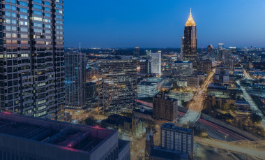 View of Atlanta, Georgia downtown at night, photo by Rob Felt