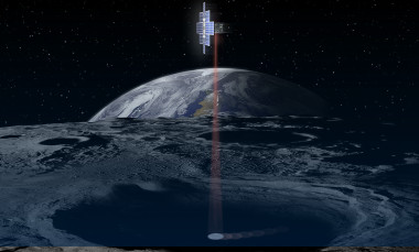 Artist rendering of satellite orbiting moon while scanning for water.