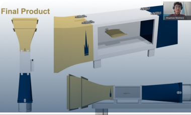 Screen capture from high school summer interns final presentation. Shows a rendering of the wind tunnel along with the presenting students.