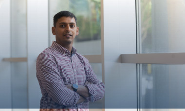 William Benjamin, a research engineer II at the Georgia Tech Research Institute, posing in Coda building in Atlanta, Georgia. (Credit: Allison Carter