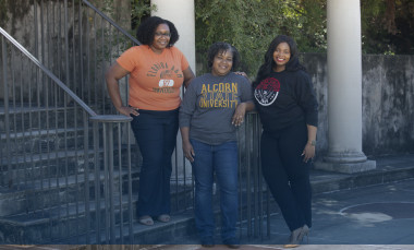 GTRI's Yorlanda Pryor, Brittney Odoi, and Tanya Wooten wear clothing representing their individual HBCU alma maters, but stress their collective unity.  (Photo credit: Christopher Moore)