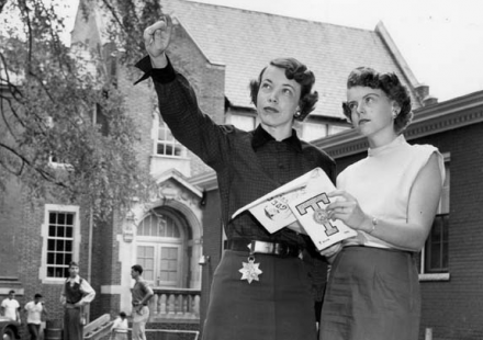 Vintage photo of two women outside Tech Tower.