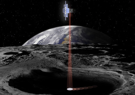 Artist rendering of satellite orbiting moon while scanning for water.
