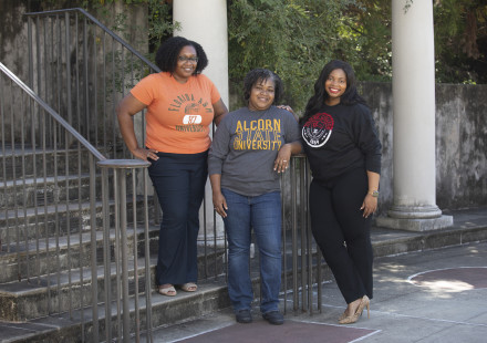 GTRI's Yorlanda Pryor, Brittney Odoi, and Tanya Wooten wear clothing representing their individual HBCU alma maters, but stress their collective unity.  (Photo credit: Christopher Moore)