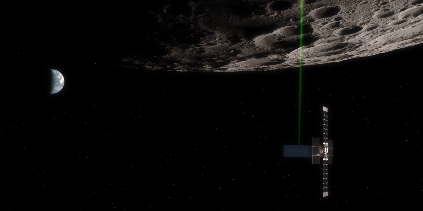Digital still frame of Lunar Flashlight cubesat orbiting the Moon