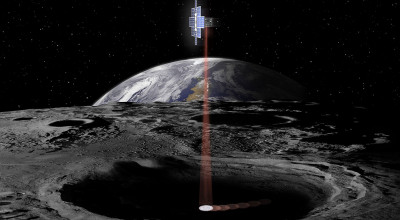 Artist rendering of satellite orbiting moon while scanning for water.