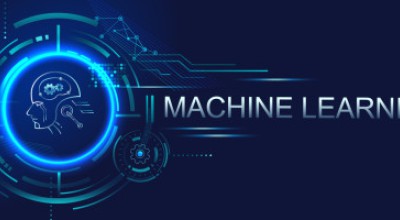 Graphic with words "Machine Learning" beside circuitry and human brain