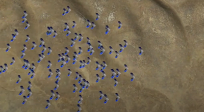 A simulated aerial view of aircraft flying over a valley.