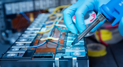 A photo showing a lithium-ion battery production facility. 