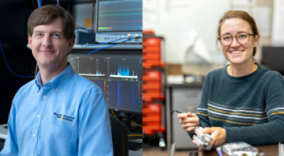 Photo of researchers Ryan Bales (left) and Mary Kate Broadway (right). Photo Credit: Christopher Moore