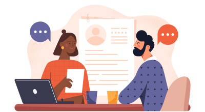 Illustration of woman reviewing resume of bearded man
